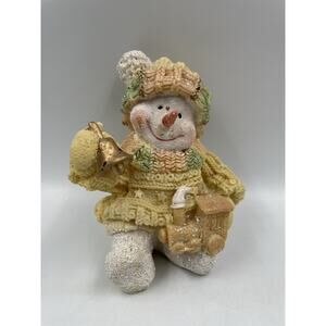 Pastel Snowman Resin Figurine With Train & Bell Winter Home Decor